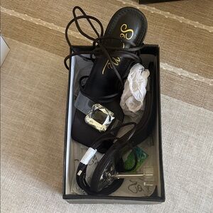 Black Lace-Up Sandal with Clear Jewel